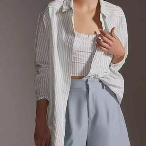 By Anthropologie striped textured oversized longline tunic button down shirt